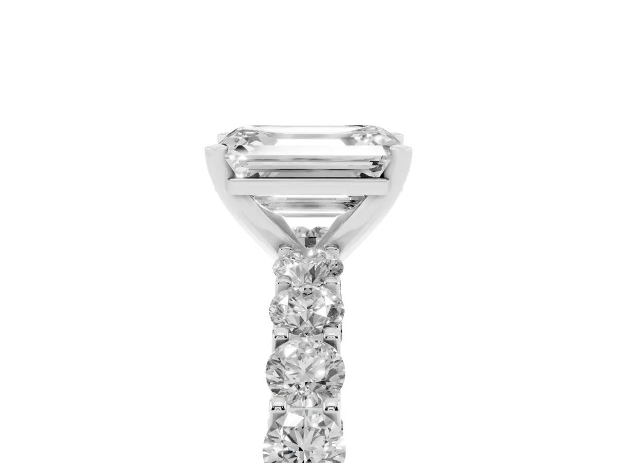 Emerald Cut Diamond Solitaire Ring with Shared Prong Pavé Band and Four-Prong Setting Silver