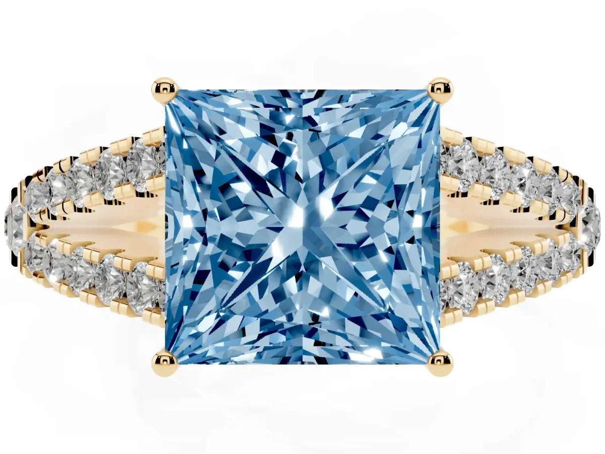 Fancy Blue Princess Cut Diamond Split Shank Engagement Ring with Round Pavé and Prong Setting Yellow gold