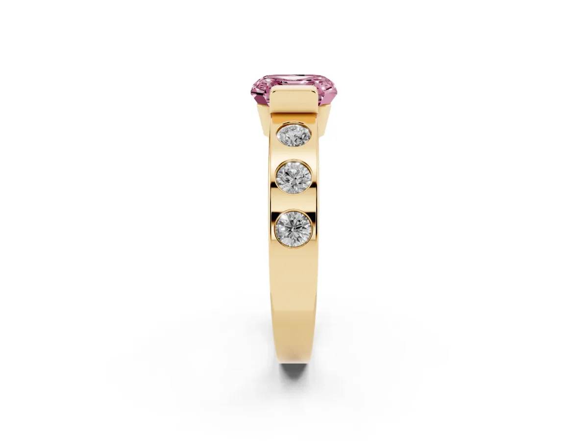 Fancy Pink Asscher Cut Brilliant Channel-Set Diamond Ring with Bezel Prong Setting Yellow gold
