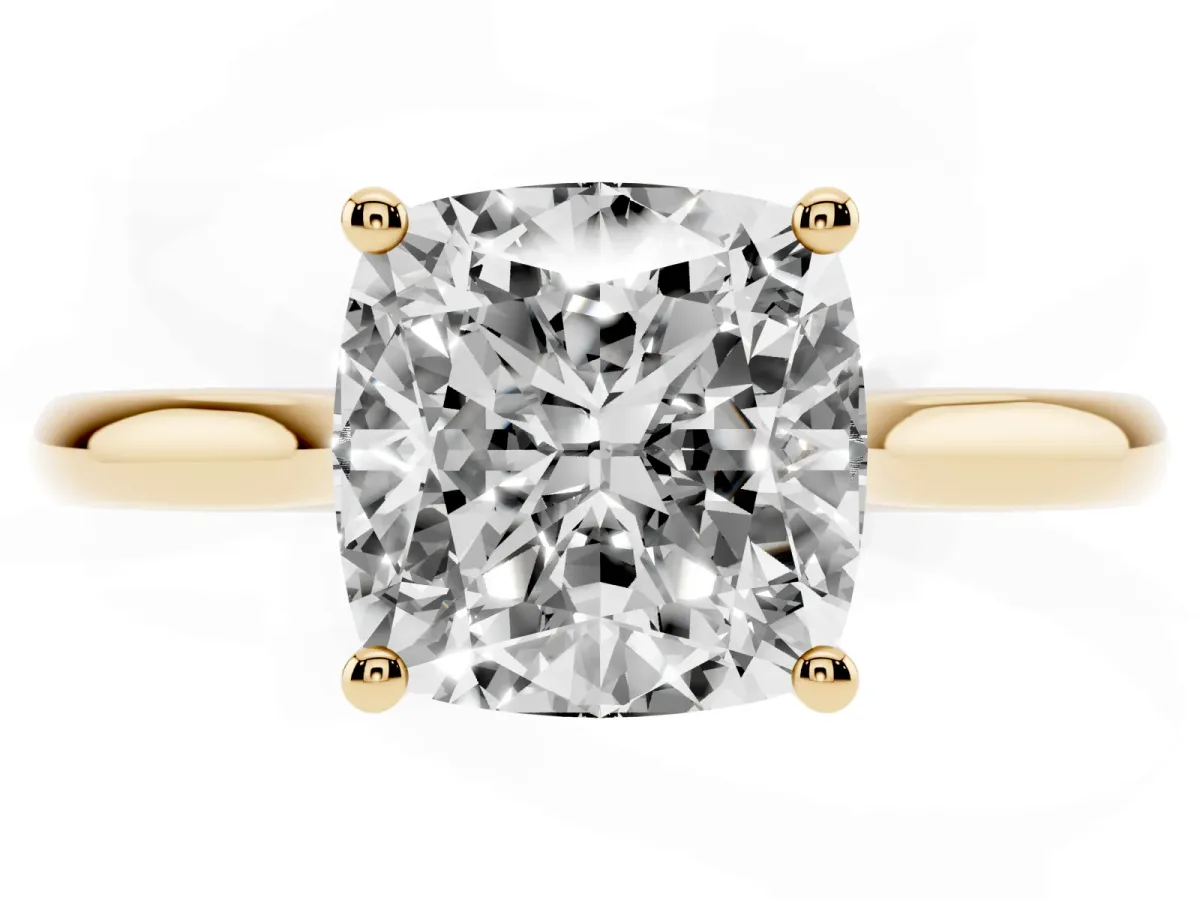 Cushion Cut Cut Solitaire Ring with Cathedral Band and Four-Prong Setting Yellow gold