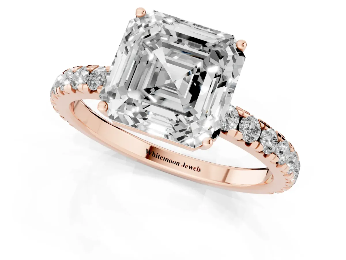 Asscher Cut Diamond Pavé Solitaire Engagement Ring with Four-Prong Setting Rose gold