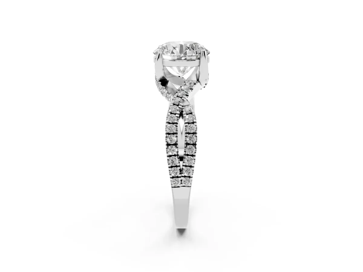 Round Cut Solitaire Twist Pave Diamond Engagement Ring with Prong Setting Silver