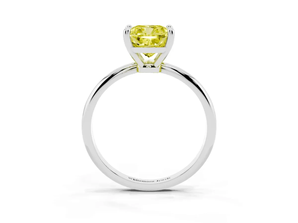 Fancy Yellow Cushion Cut Solitaire Diamond Ring with 4-Prong Setting on a Classic Band Silver