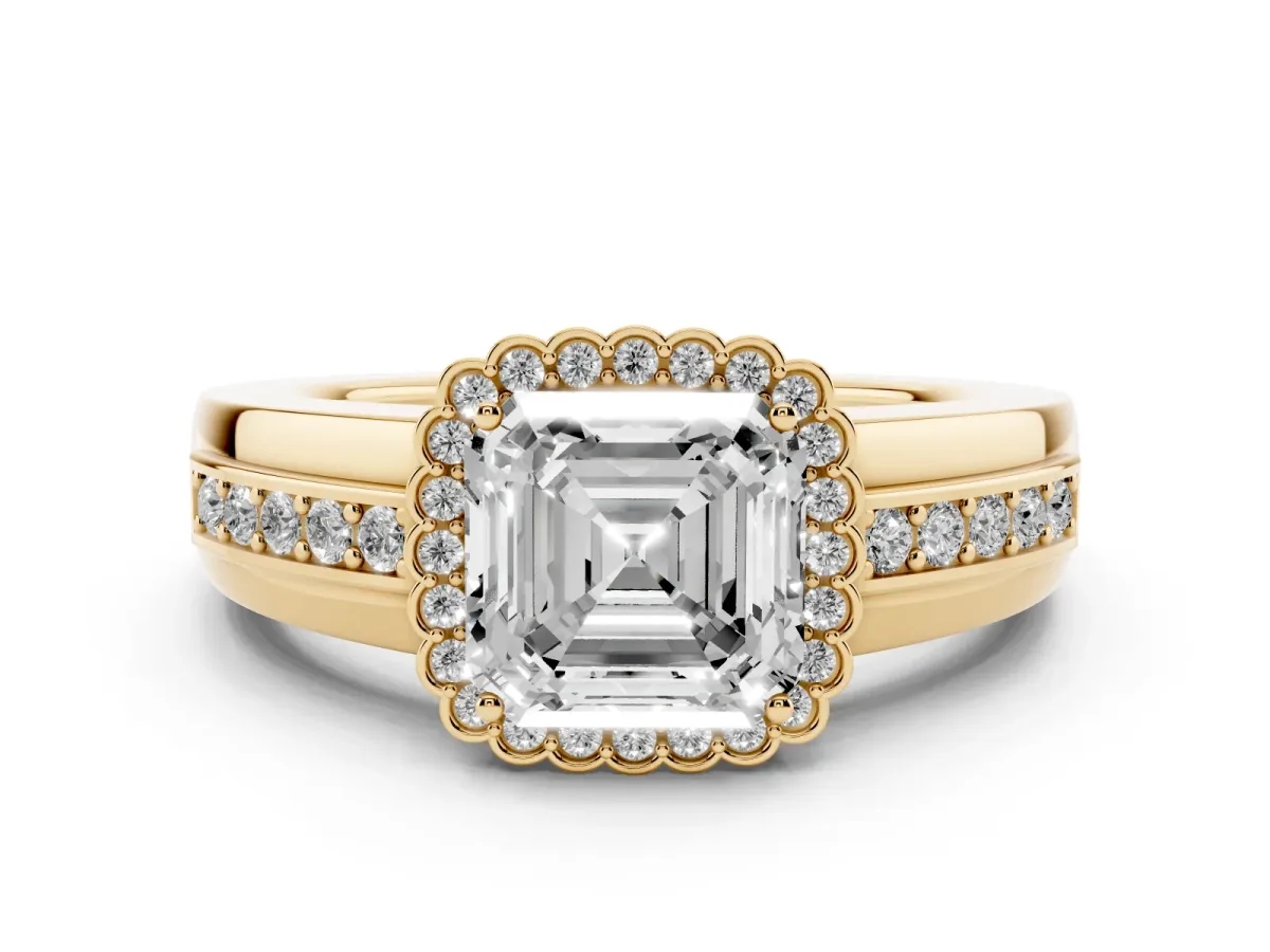 Asscher Cut Cut Halo Pave Band Four-Prong Ring Yellow gold