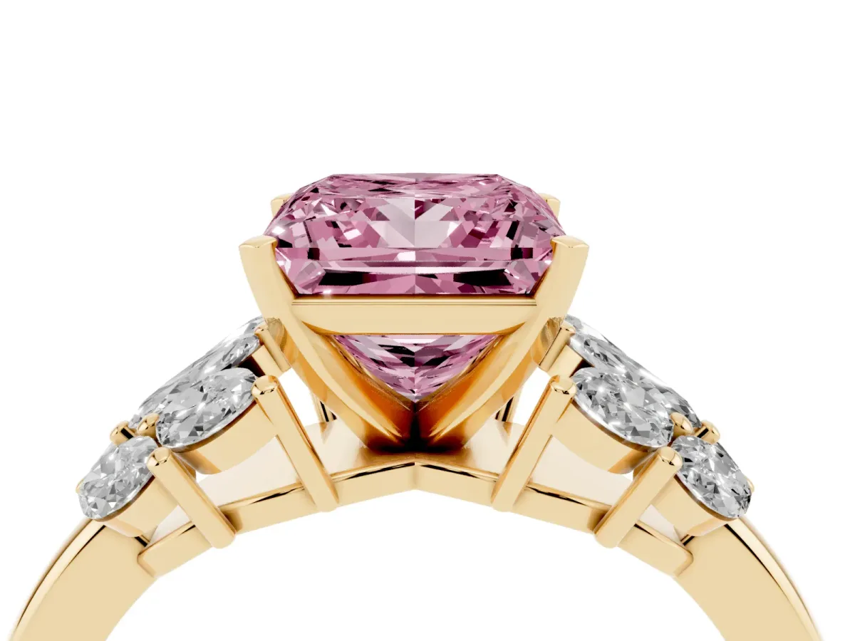 Fancy Pink Princess Cut Diamond Cluster Leaf Design Ring with Prong Setting Yellow gold