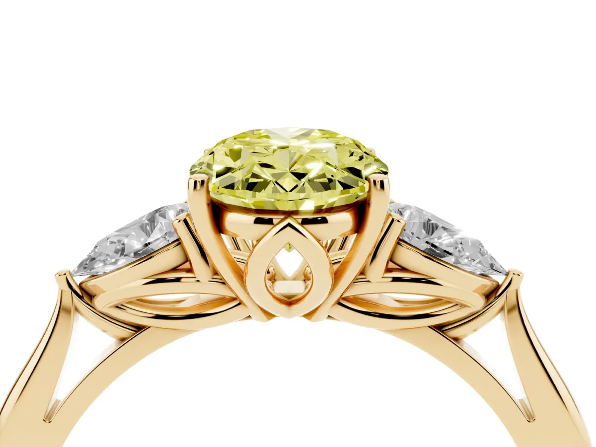 Fancy Yellow Oval Cut Diamond Three-Stone Ring with Pear Side Stones and Prong Setting Yellow gold