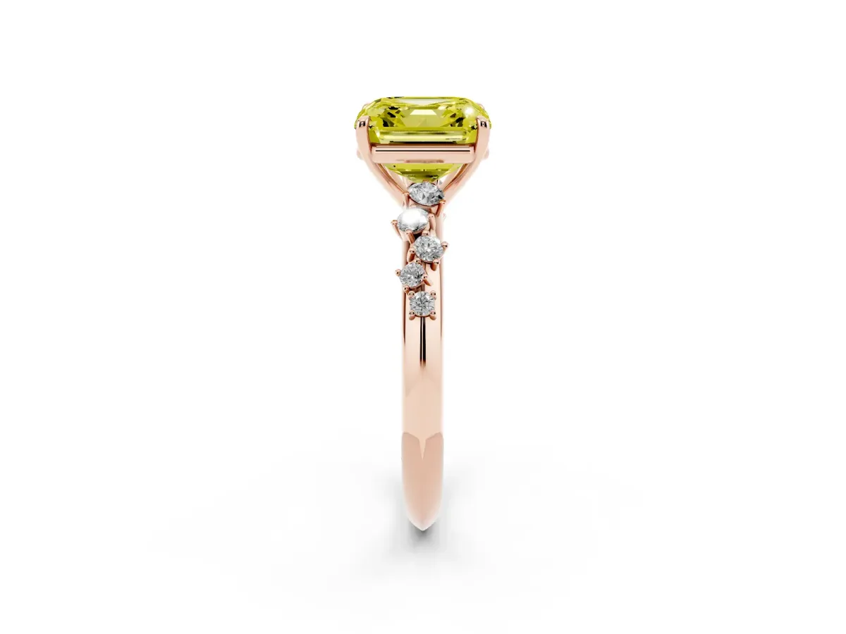 Fancy Yellow Asscher Cut Diamond Cluster Side Stone Solitaire Ring with Prong Setting Rose gold
