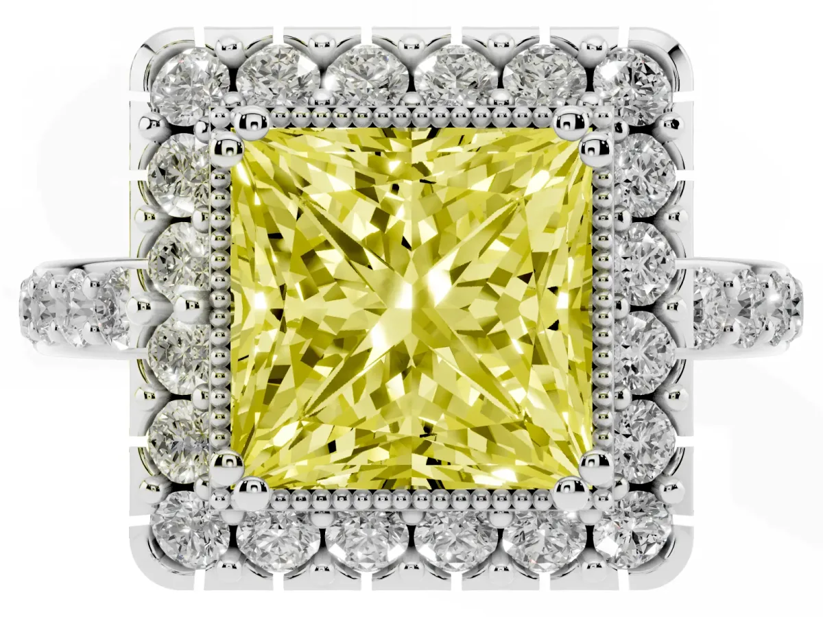 Fancy Yellow Princess Cut Diamond Halo Ring with Pavé Band and Prong Setting Silver