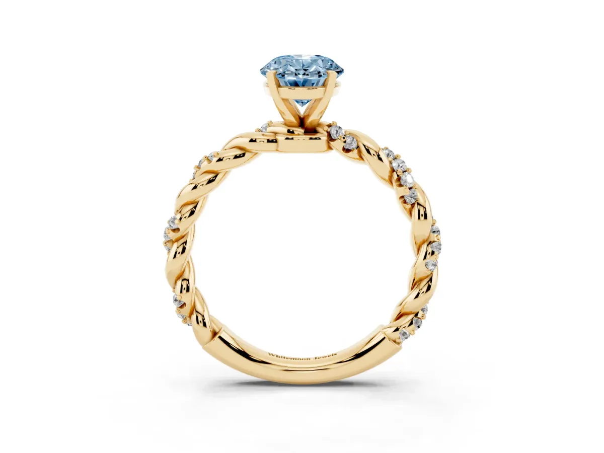 Fancy Blue Oval Cut Diamond Solitaire Ring with Twisted Band and Pavé Accents Yellow gold