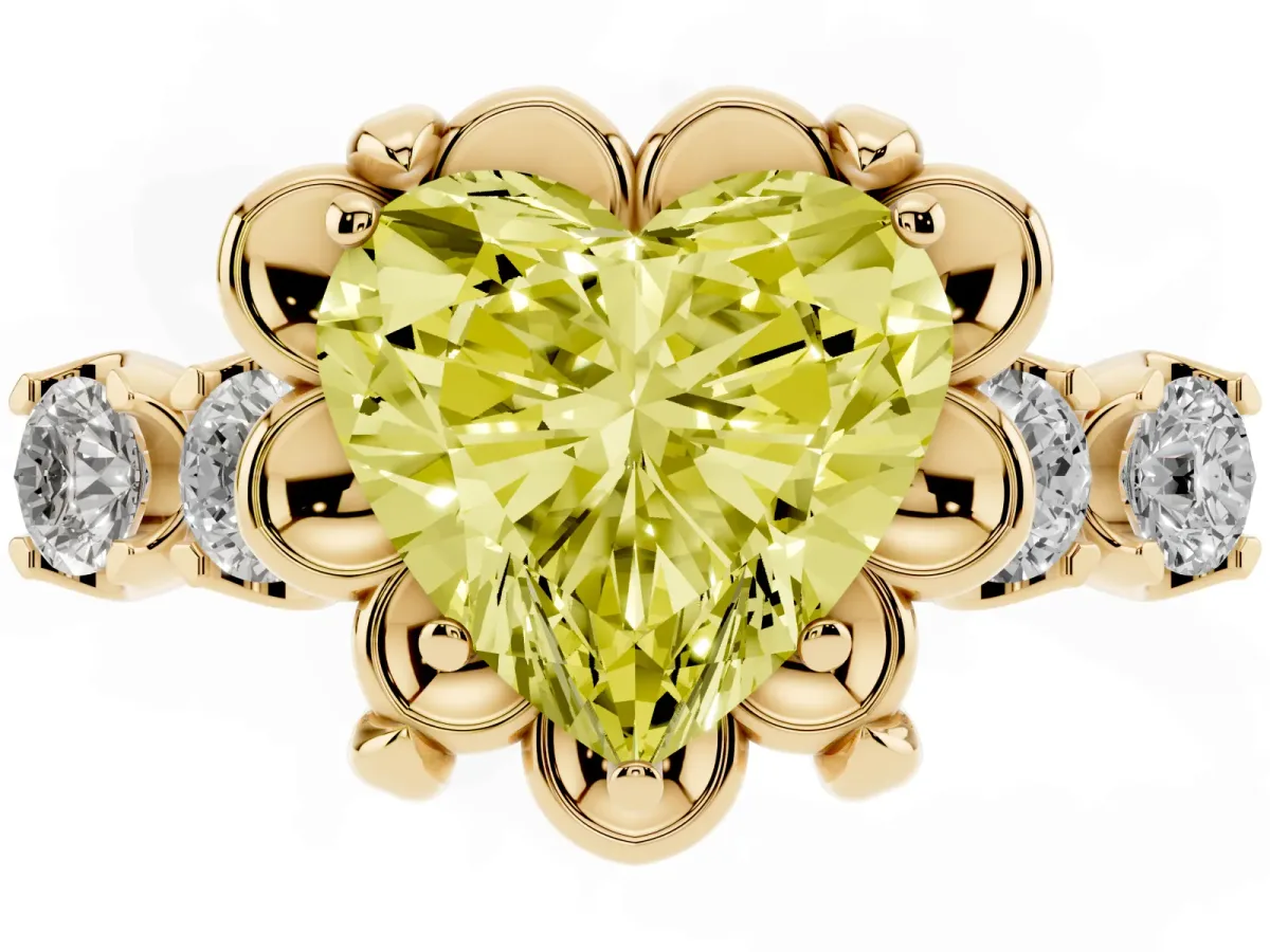 Fancy Yellow Heart Cut Cut Diamond Floral Halo Engagement Ring with Shared Prong Setting Yellow gold
