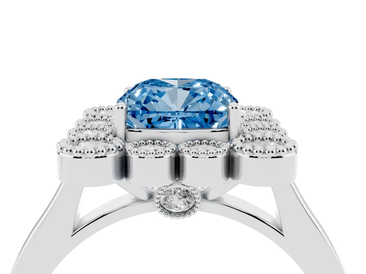 Fancy Blue Cushion Cut Halo Diamond Cluster Engagement Ring with Milgrain Bezel Setting and Solitaire Band White gold