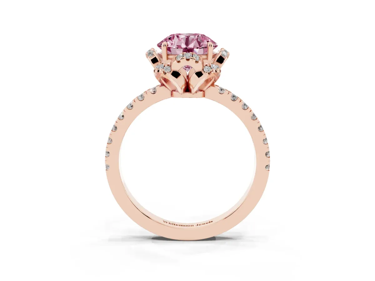 Fancy Pink Round Cut Diamond Halo Pave Band with Four-Prong Setting Rose gold
