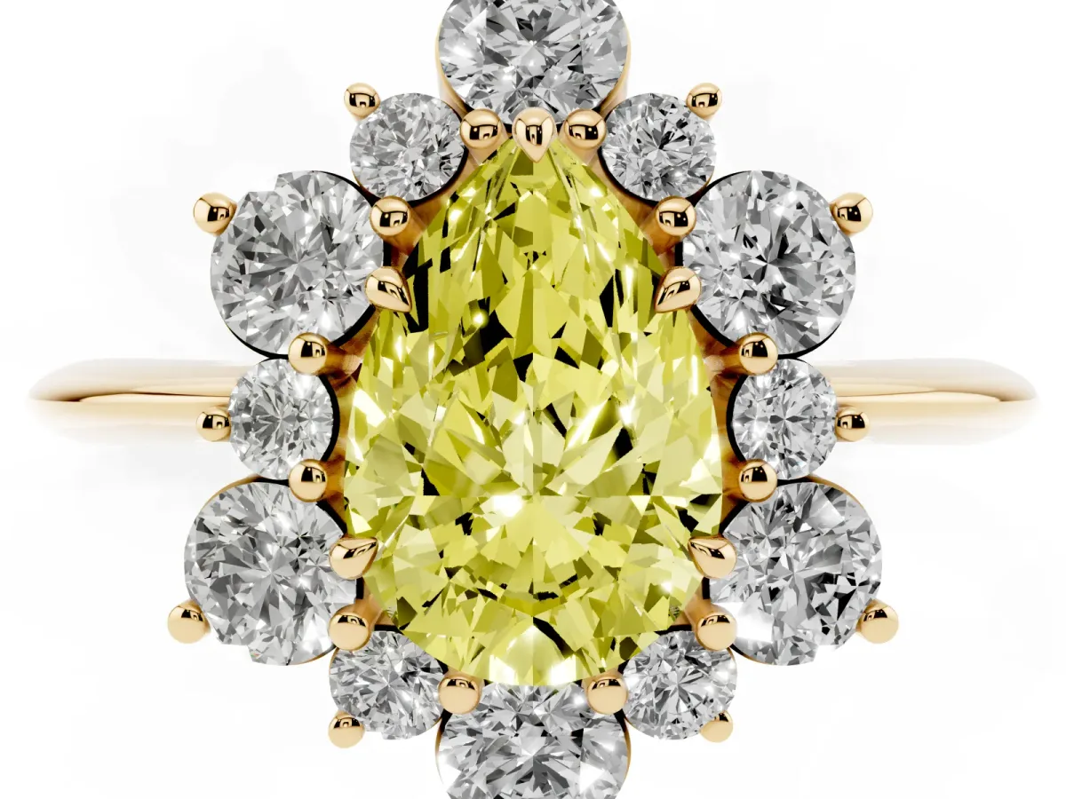 Fancy Yellow Pear Cut Diamond Cluster Halo Ring with Solitaire Band and Four-Prong Setting Yellow gold