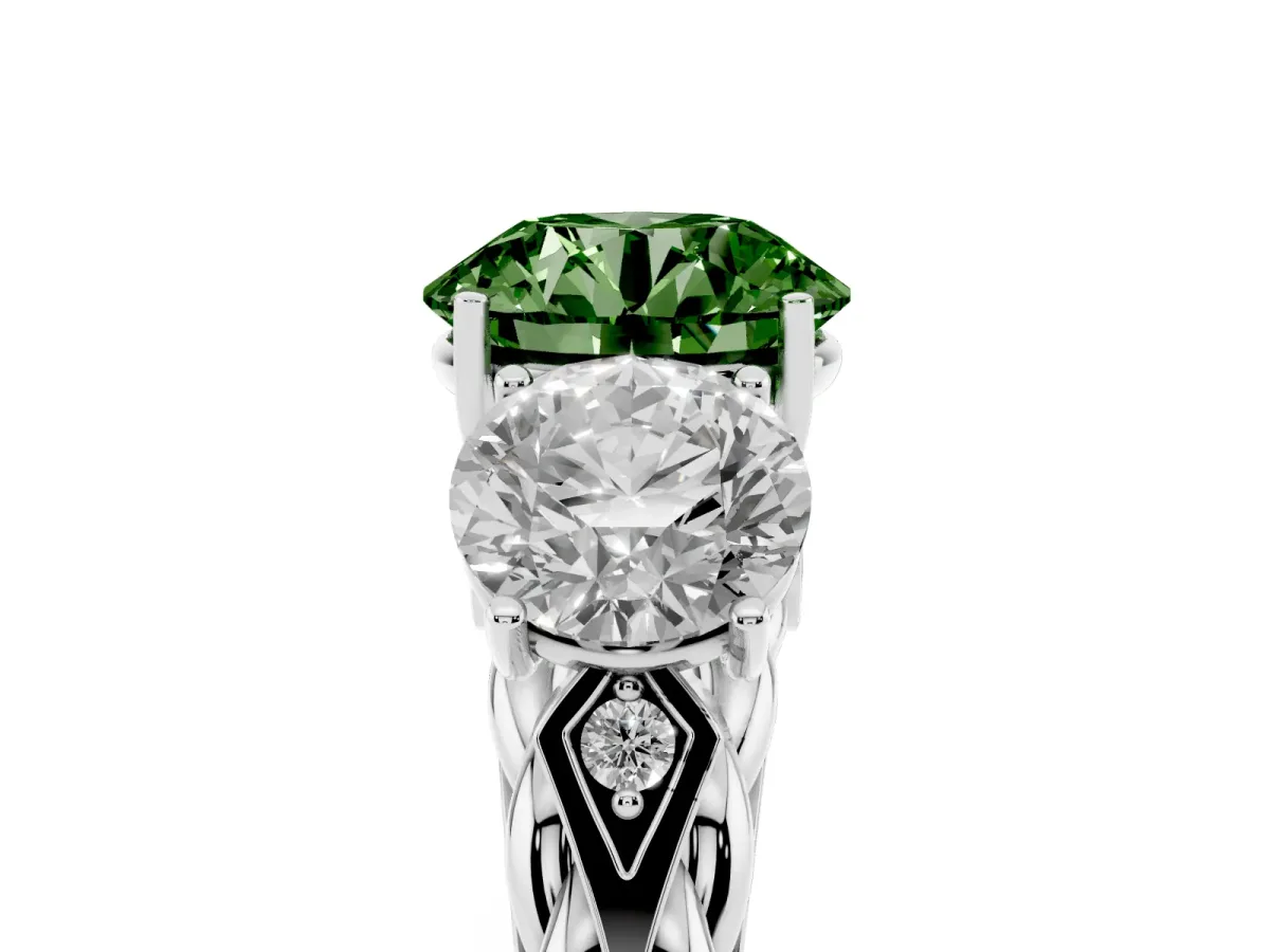 Fancy Green Three-Stone Round Cut Diamond Braided Band Ring with Four-Prong Setting Platinum