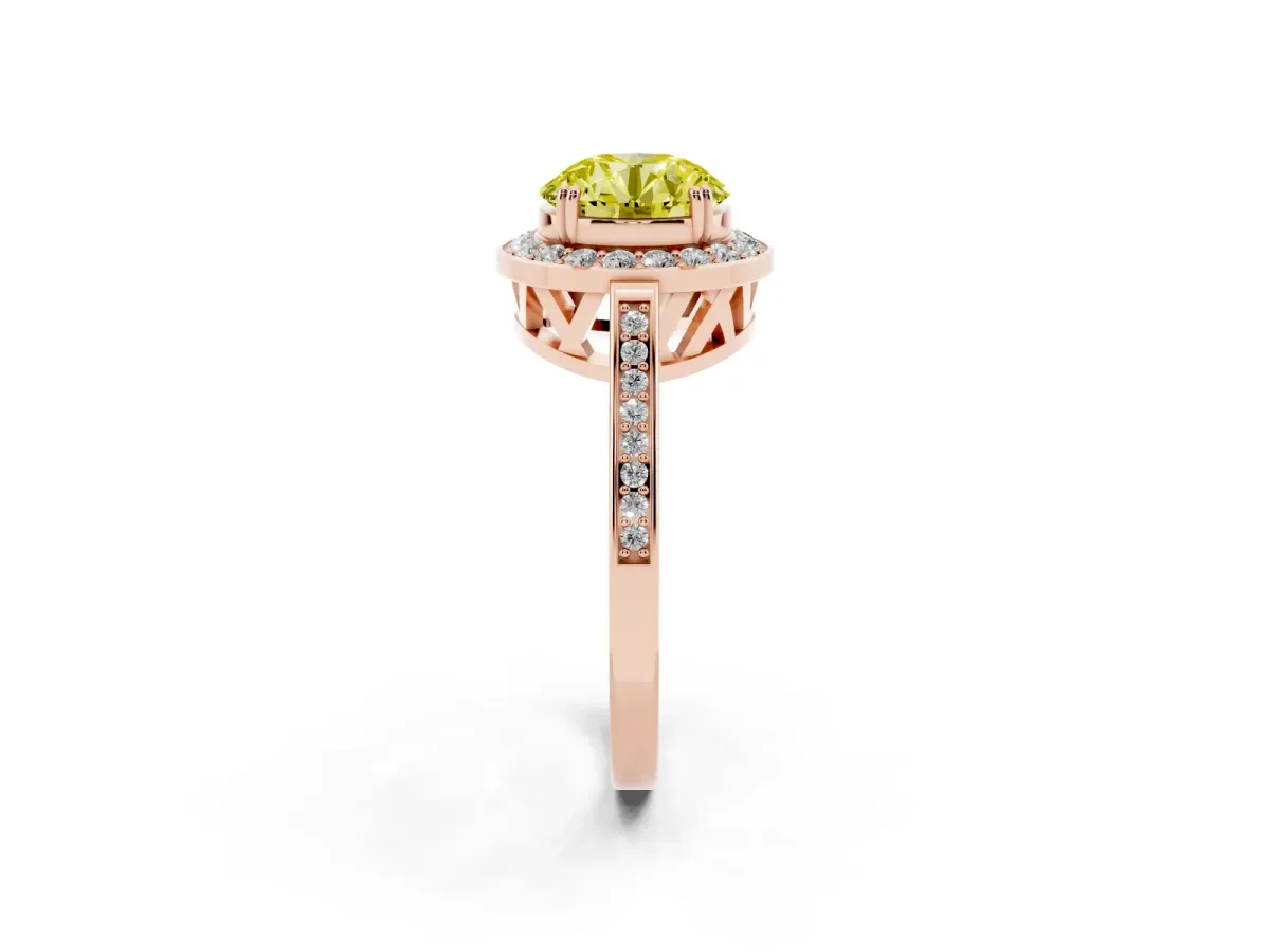 Fancy Yellow Round Cut Diamond Halo Ring with Split Shank and Four-Prong Setting Rose gold
