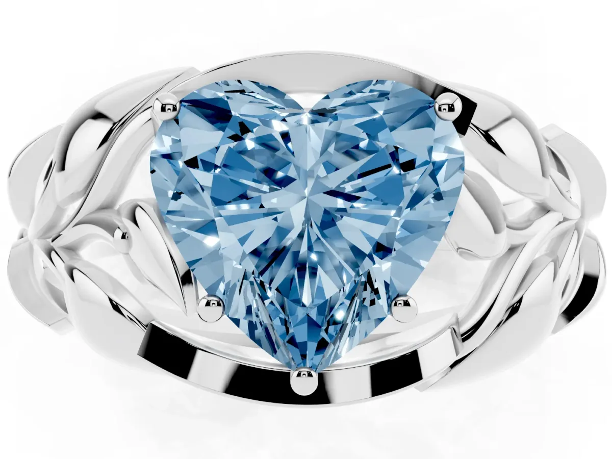 Fancy Blue Heart Cut Diamond Leaf-Inspired Engagement Ring with Round Accents and Prong Setting White gold
