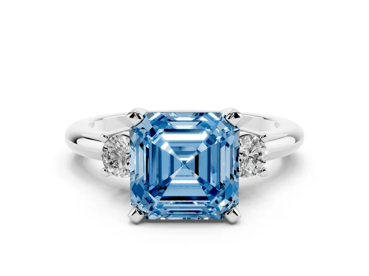 Fancy Blue Three-Stone Princess Cut Cut Diamond Solitaire with Prong Setting and Classic Band White gold