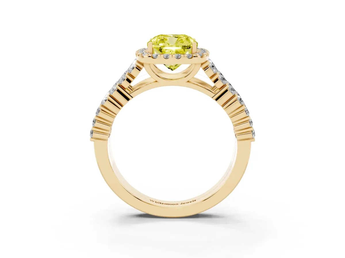 Fancy Yellow Cushion Cut Diamond Halo Engagement Ring with Triple Row Round Pavé Band and Prong Setting Yellow gold