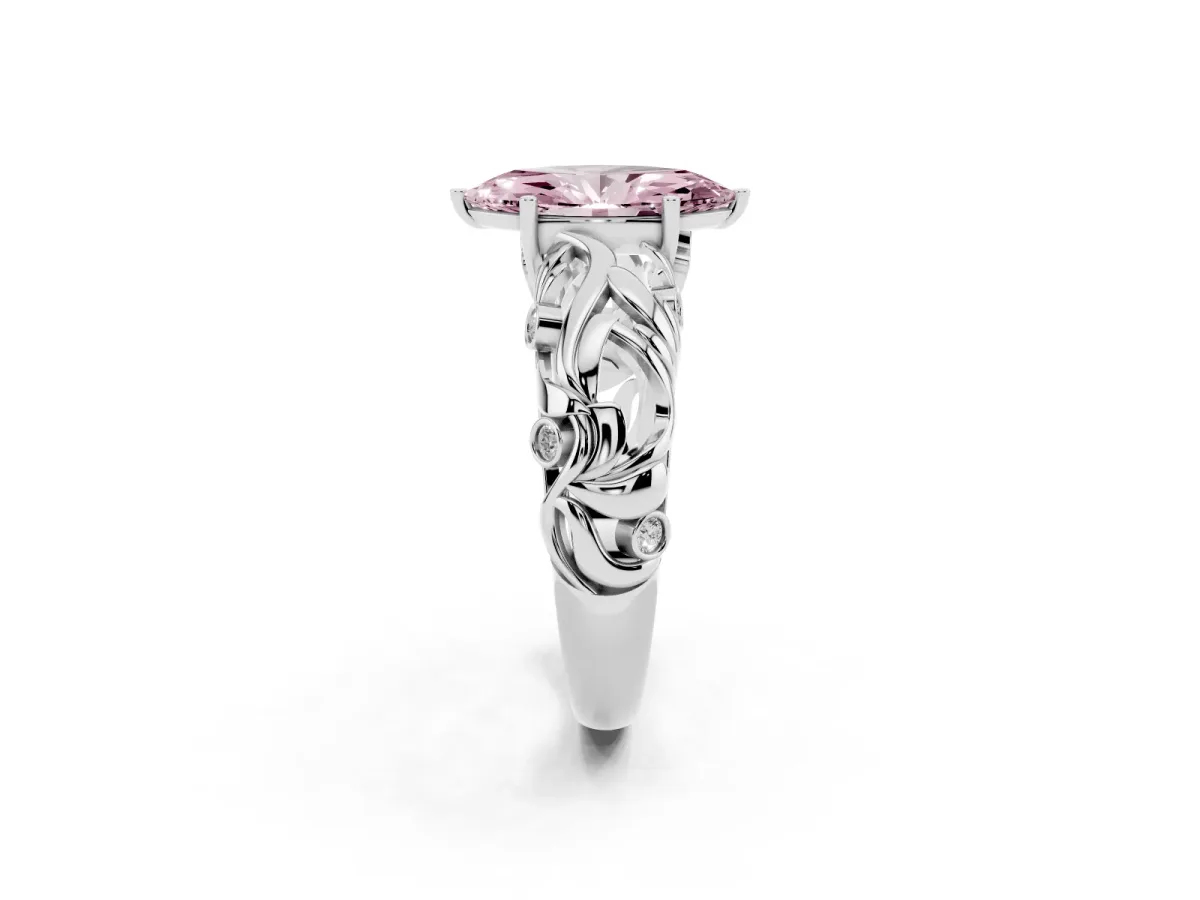 Fancy Pink Marquise Cut Solitaire Diamond Leaf-Inspired Vine Band Ring with Prong Setting Silver