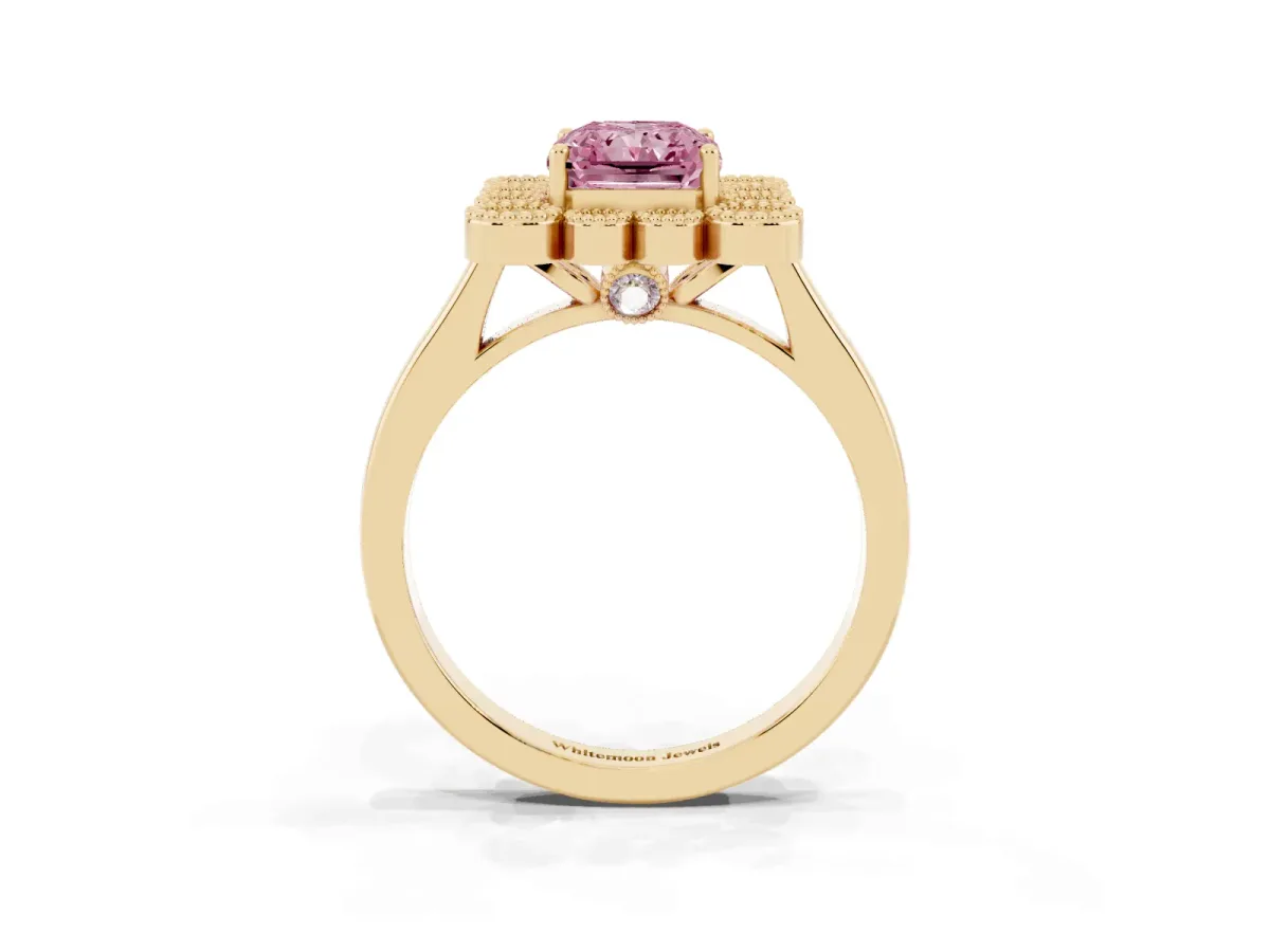 Fancy Pink Radiant Cut Halo Diamond Cluster Engagement Ring with Milgrain Bezel Setting and Solitaire Band Yellow gold