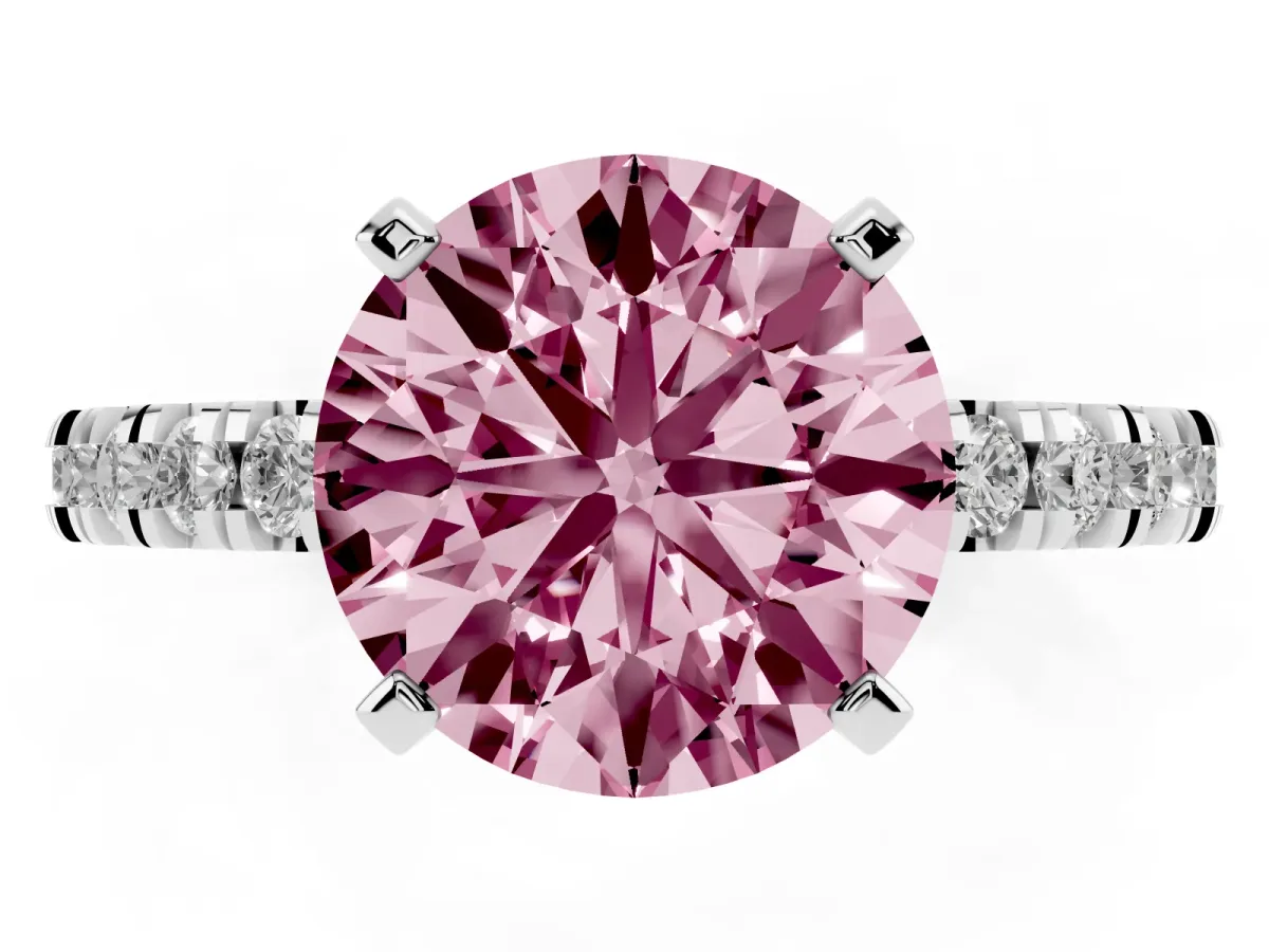 Fancy Pink Round Cut Diamond Pavé Band Solitaire with Four-Prong Setting Silver