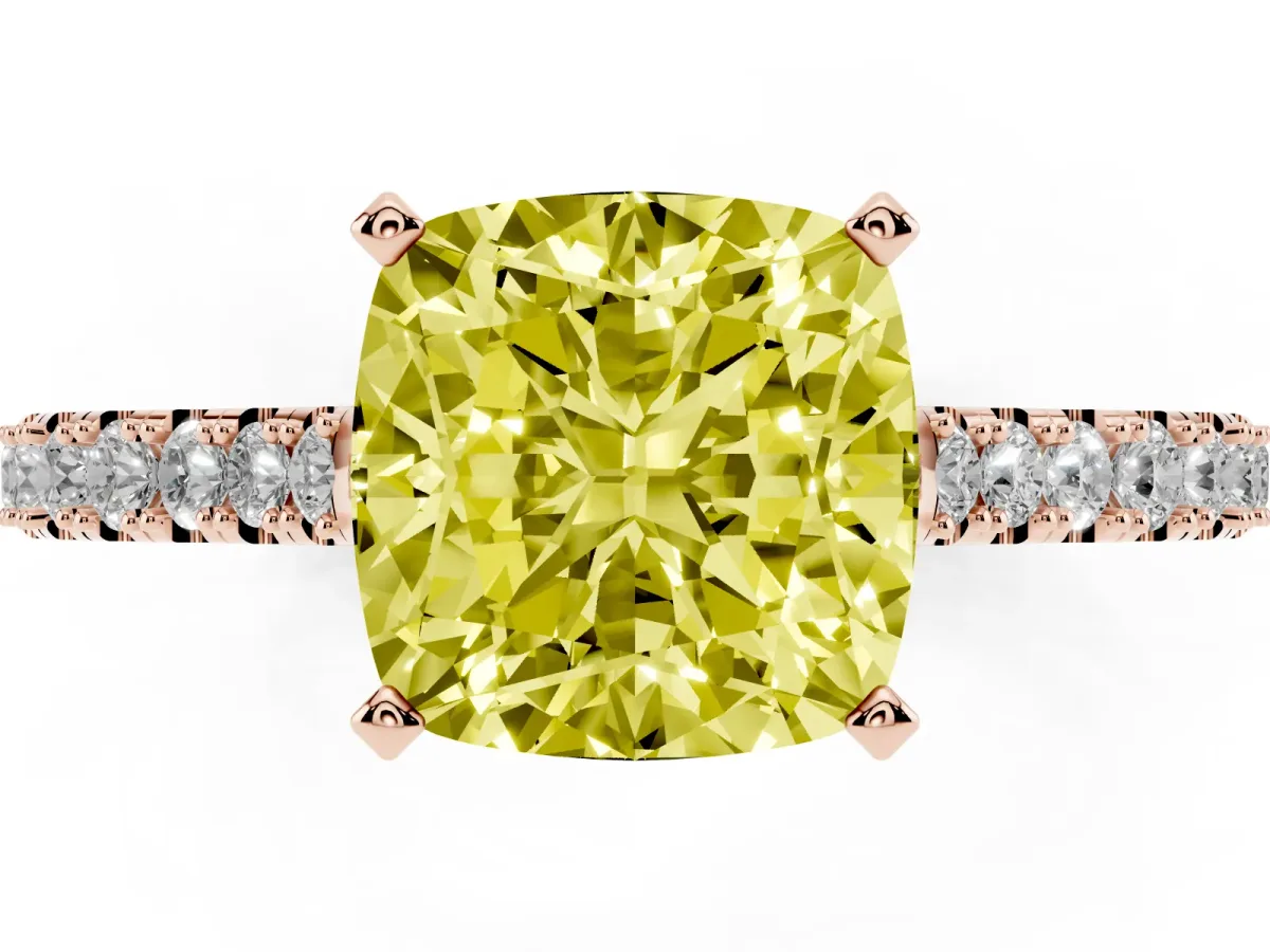 Fancy Yellow Cushion Cut Cut Solitaire Diamond Engagement Ring with Pave Band and Four-Prong Setting Rose gold