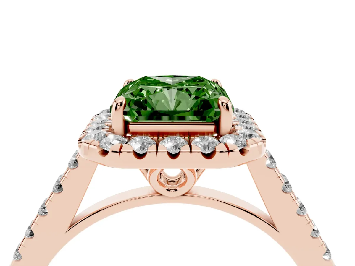 Fancy Green Radiant Cut Halo Pavé Diamond Engagement Ring with Four-Prong Setting Rose gold