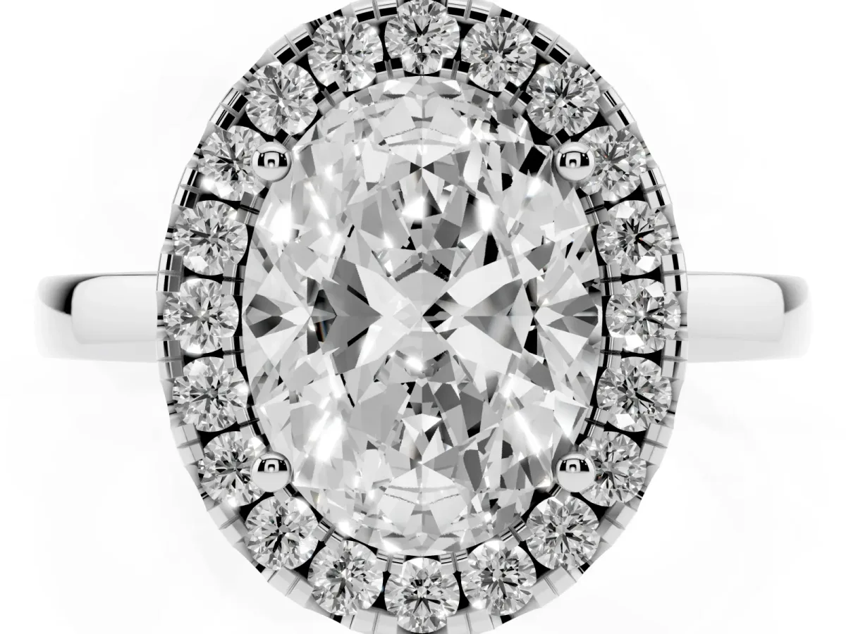Oval Cut Halo Diamond Solitaire with Pavé Band and Four-Prong Setting White gold