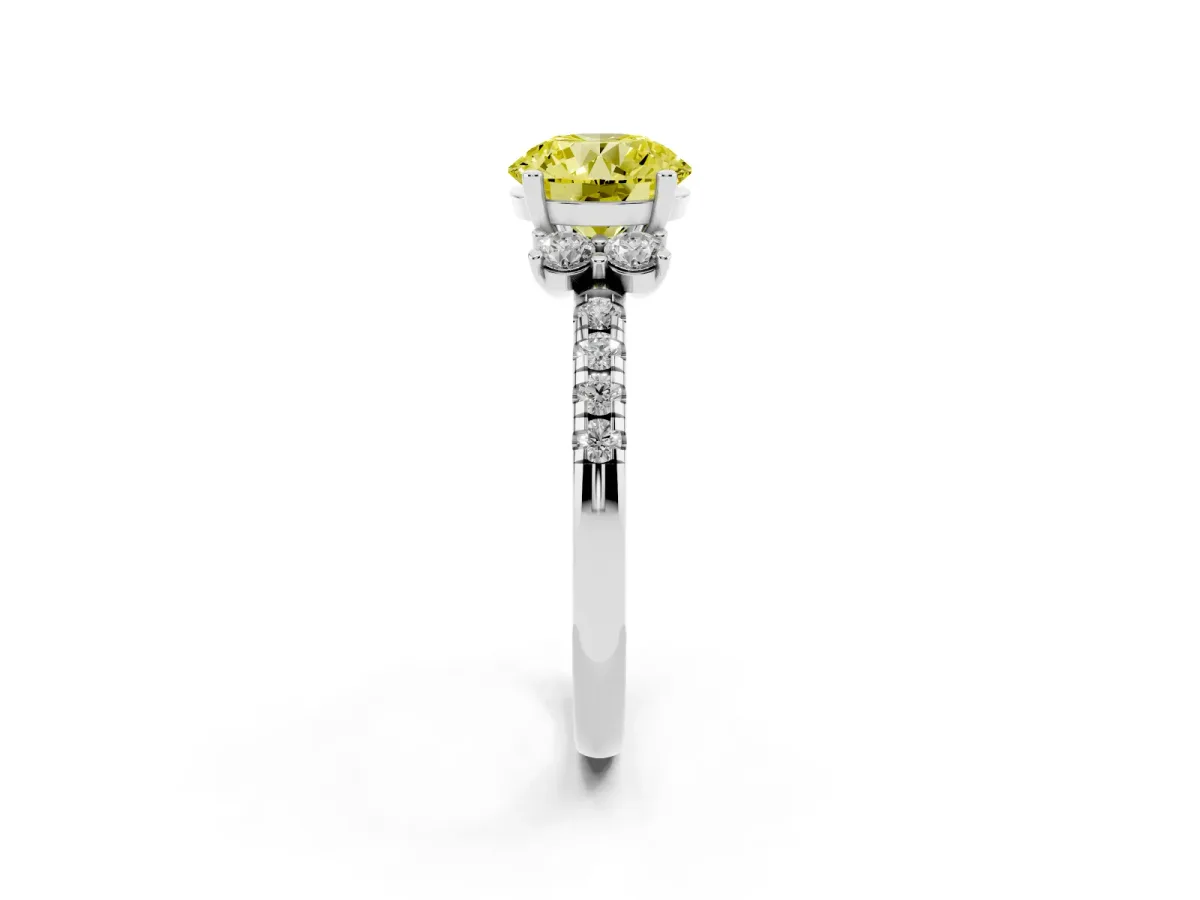 Fancy Yellow Round Cut Diamond Three-Stone Pave Band with Four-Prong Setting Silver
