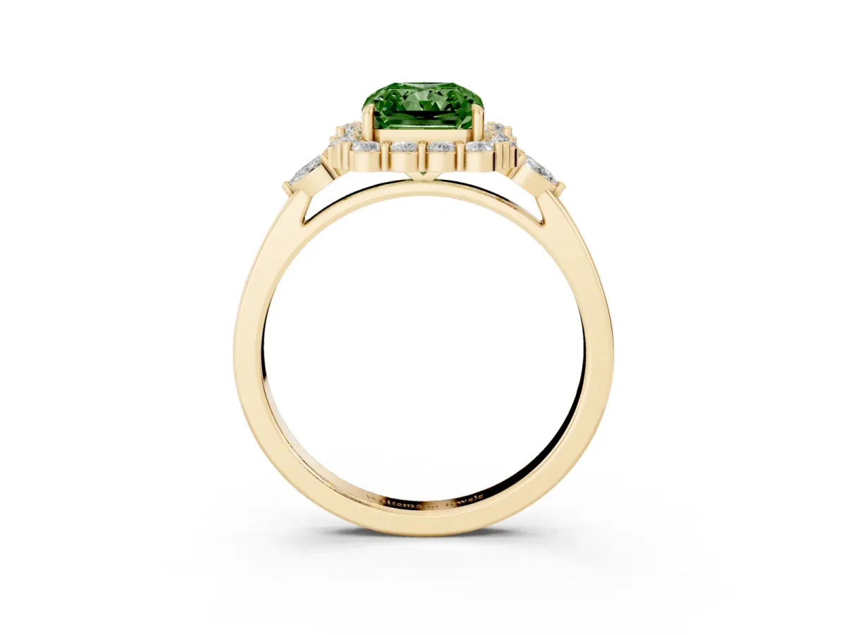 Fancy Green Radiant Cut Diamond Halo Ring with Pear Side Stones and Prong Setting Yellow gold