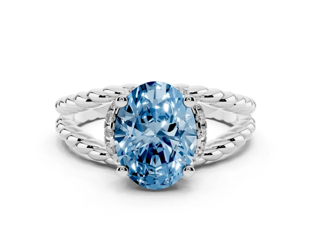 Fancy Blue Oval Cut Halo Twisted Band Four-Prong Ring Silver