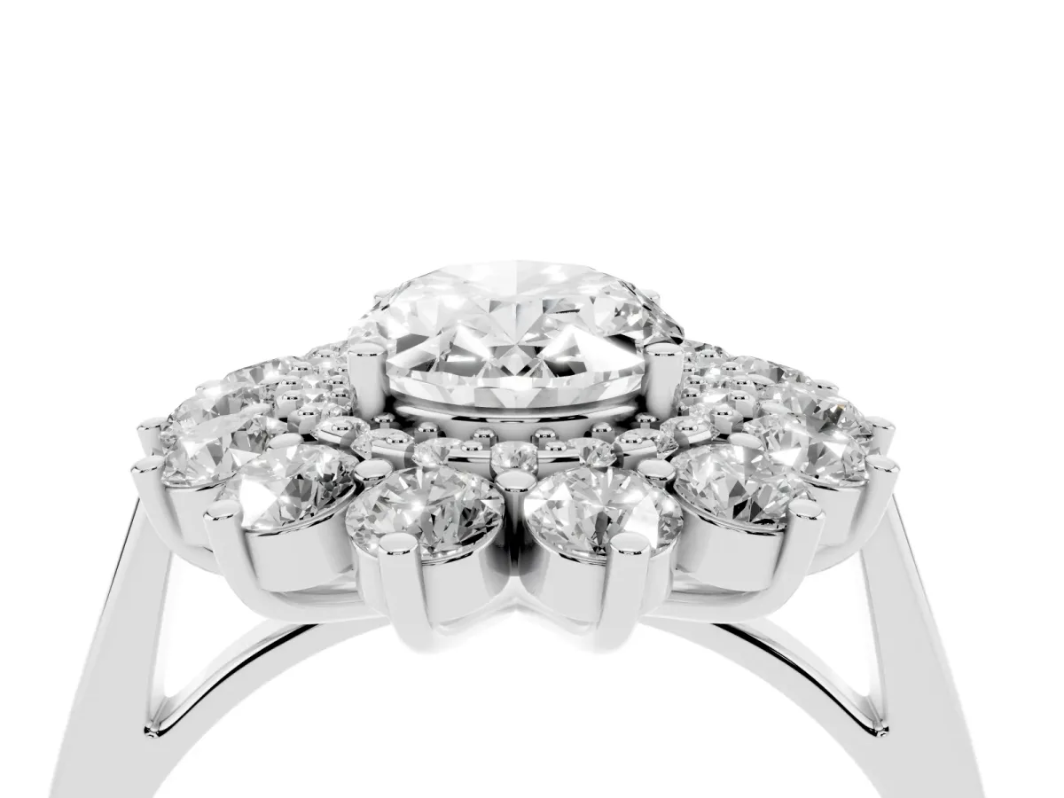 Oval Cut Diamond Floral Double Halo Engagement Ring with Prong Setting Silver