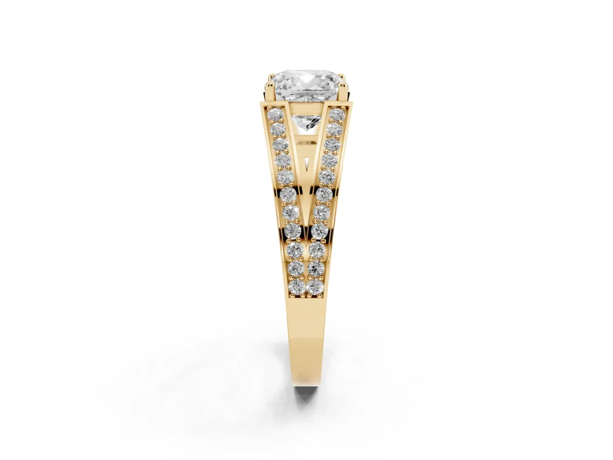 Cushion Cut Diamond Split Shank Ring with Pavé Band and Four-Prong Setting Yellow gold