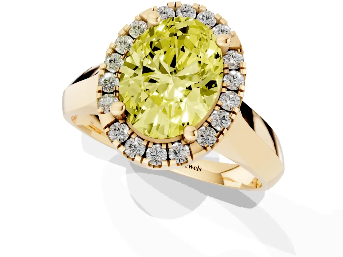 Fancy Yellow Oval Cut Cut Halo Solitaire Engagement Ring with Square Band and Four-Prong Setting Yellow gold