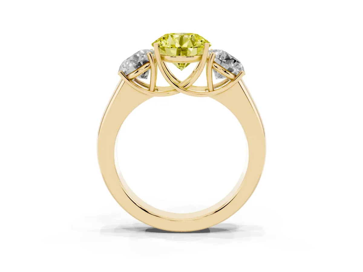 Fancy Yellow Three-Stone Round Cut Cut Diamond Ring with Prong Setting and Classic Band Yellow gold