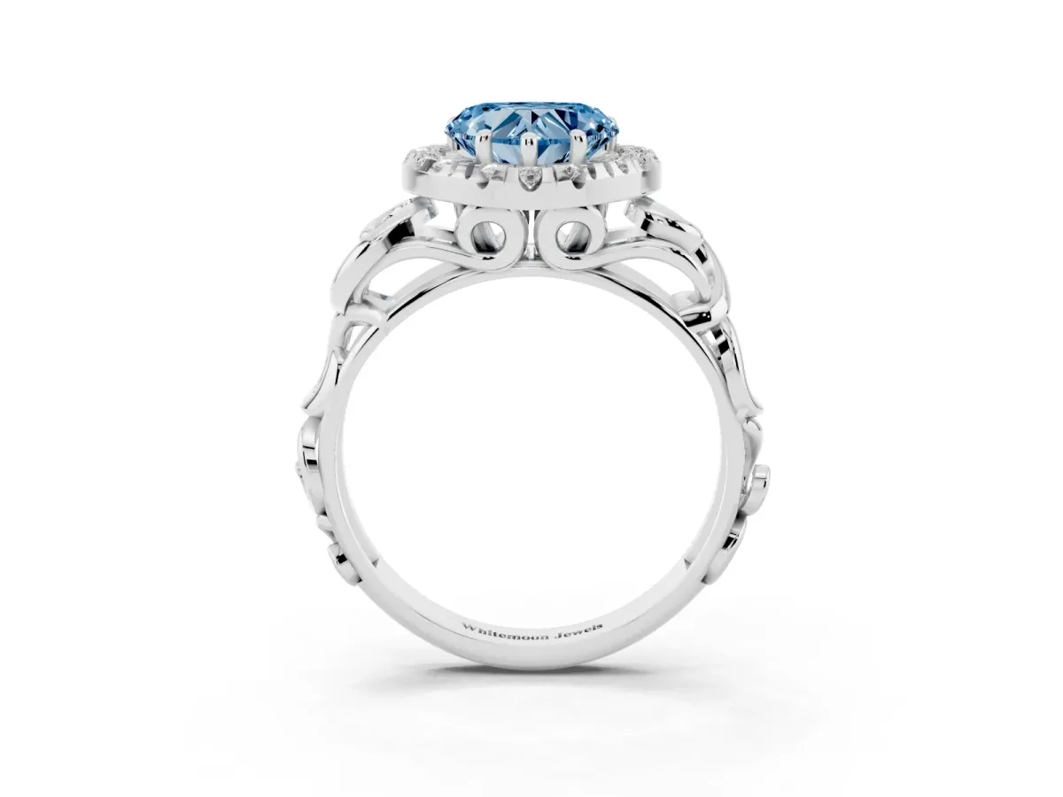 Fancy Blue Heart Cut Cut Halo Diamond Ring with Scrollwork Band and Four-Prong Setting Platinum