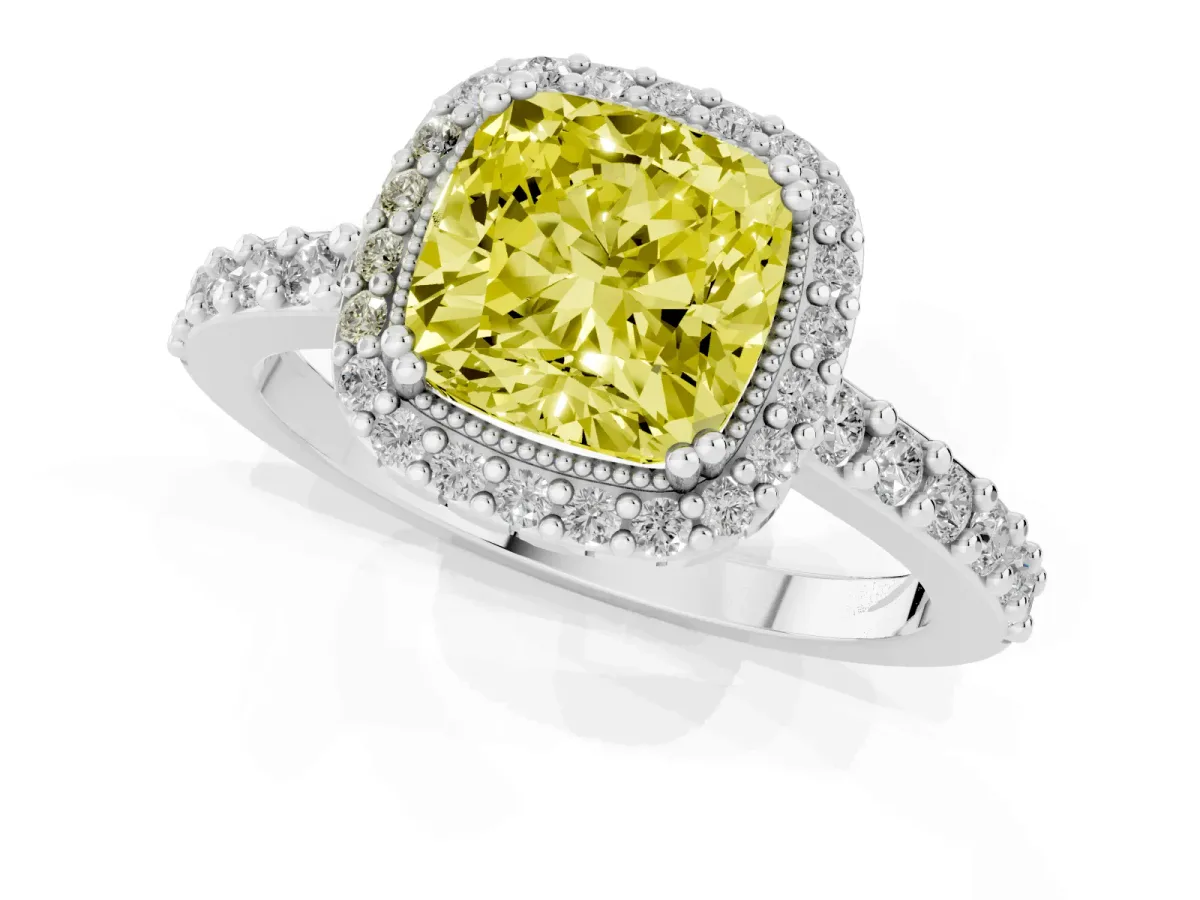 Fancy Yellow Cushion Cut Cut Diamond Halo Engagement Ring with Milgrain Detail and Pavé Band Platinum