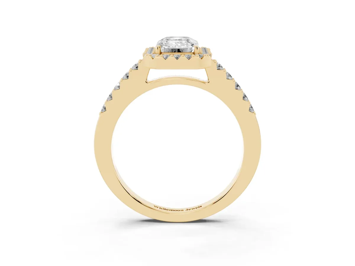 Emerald Cut Halo Diamond Pavé Solitaire Ring Yellow gold