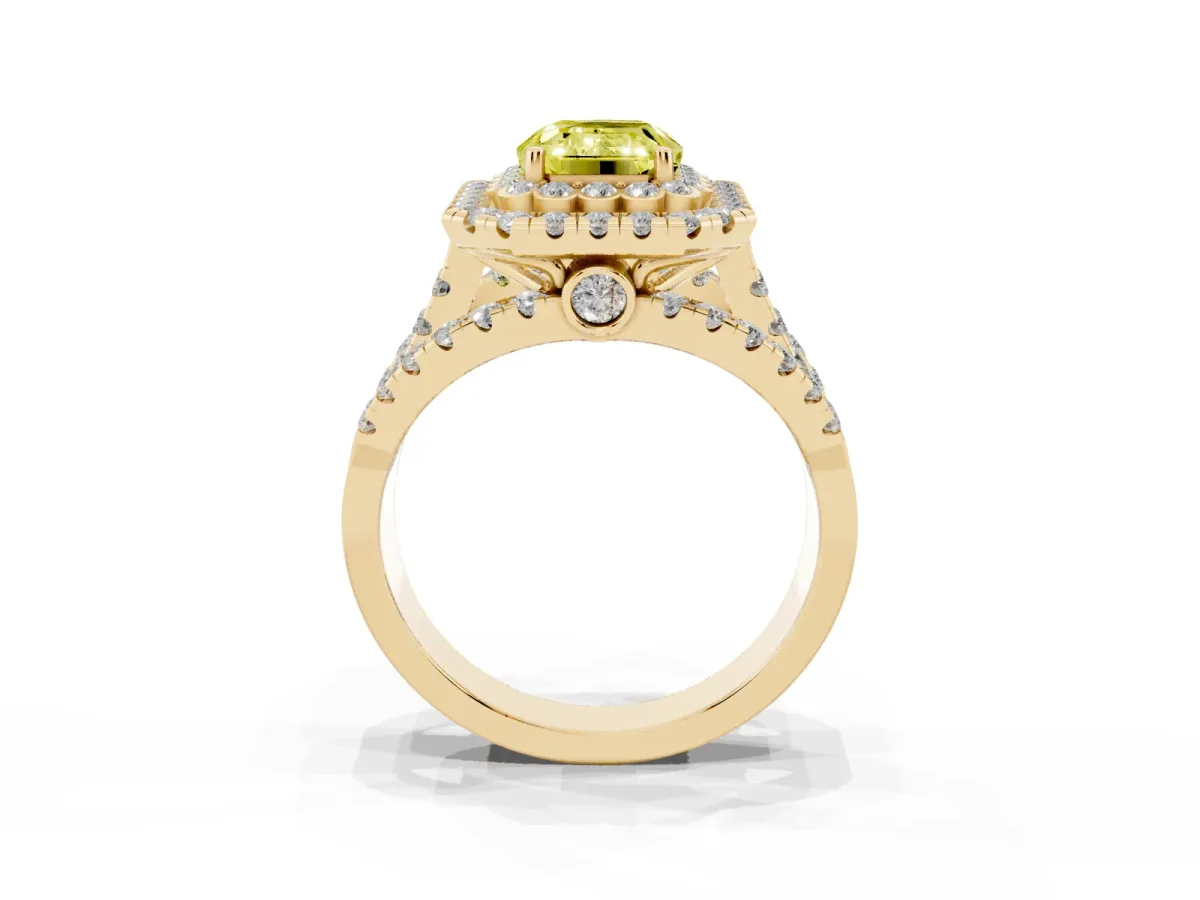 Fancy Yellow Emerald Cut Diamond Double Halo Ring with Round Pavé Split Shank and Prong Setting Yellow gold