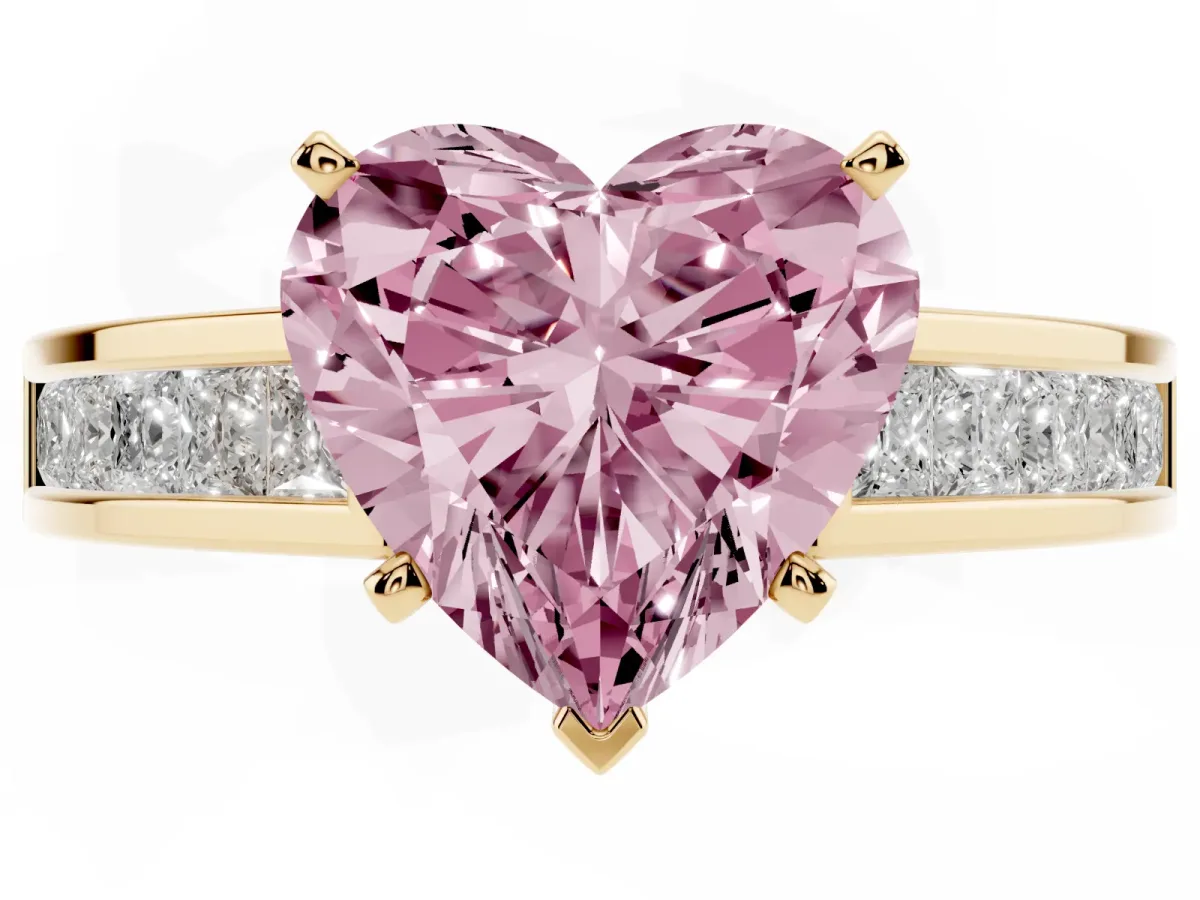 Fancy Pink Heart Cut Solitaire Diamond Ring with Channel-Set Band and Four-Prong Setting Yellow gold