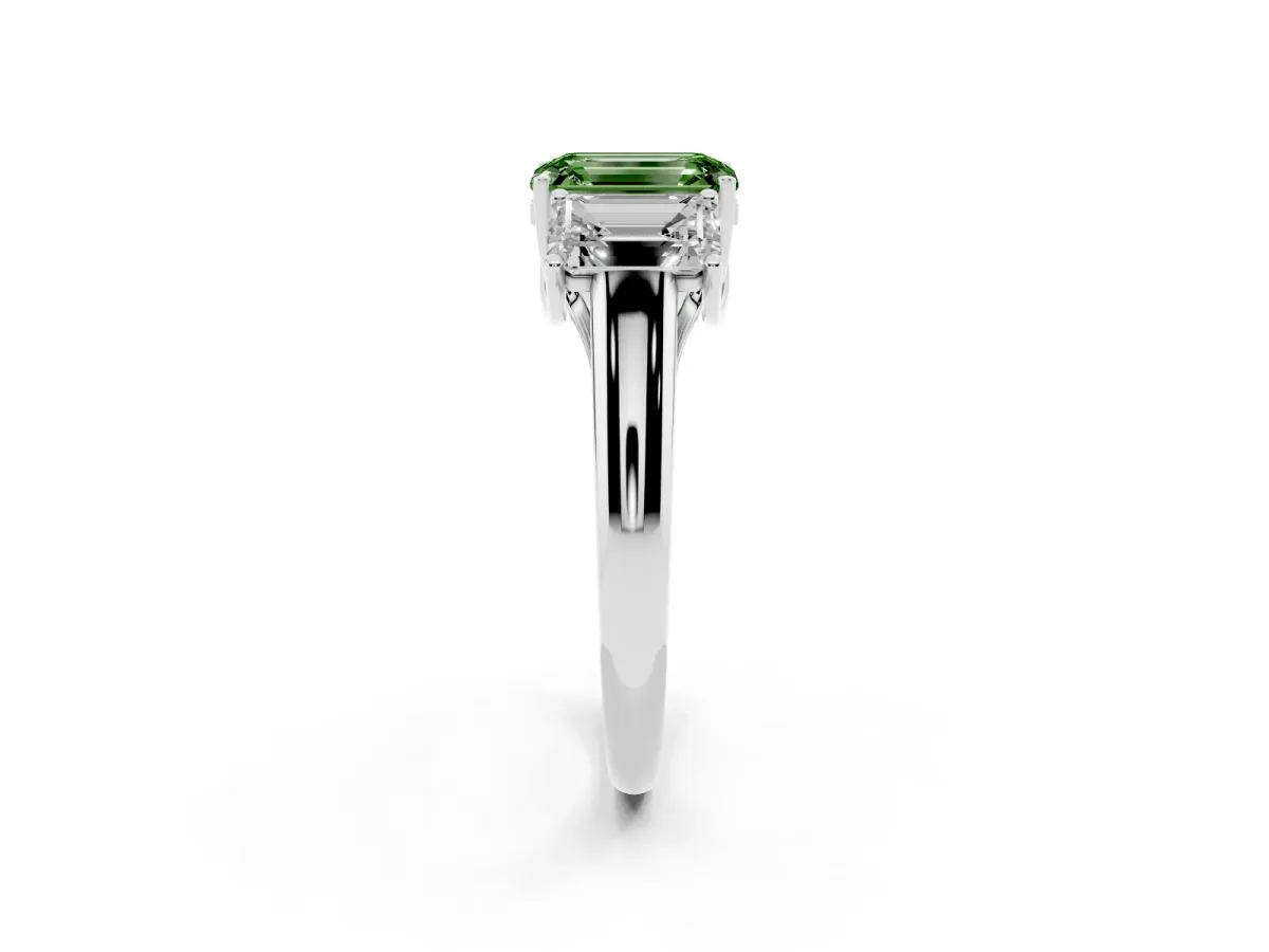 Fancy Green Three-Stone Emerald Cut Diamond Engagement Ring with Prong Setting White gold