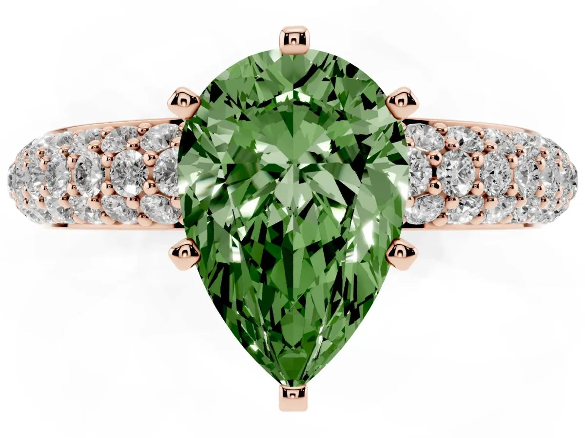 Fancy Green Pear Cut Diamond Solitaire Ring with Prong Setting and Pavé Band Rose gold