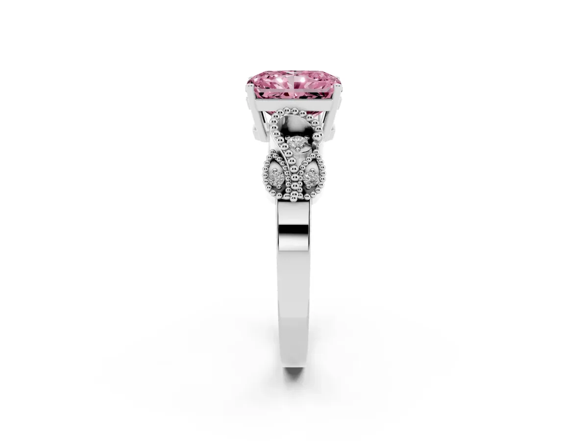 Fancy Pink Radiant Cut Solitaire Milgrain Leaf Band with Prong Setting Platinum