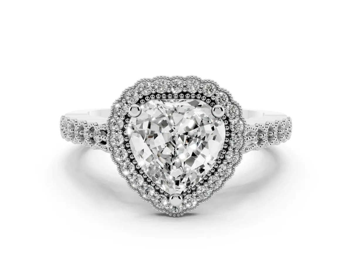 Heart Cut Cut Halo Pavé Solitaire Ring with Milgrain Band Platinum