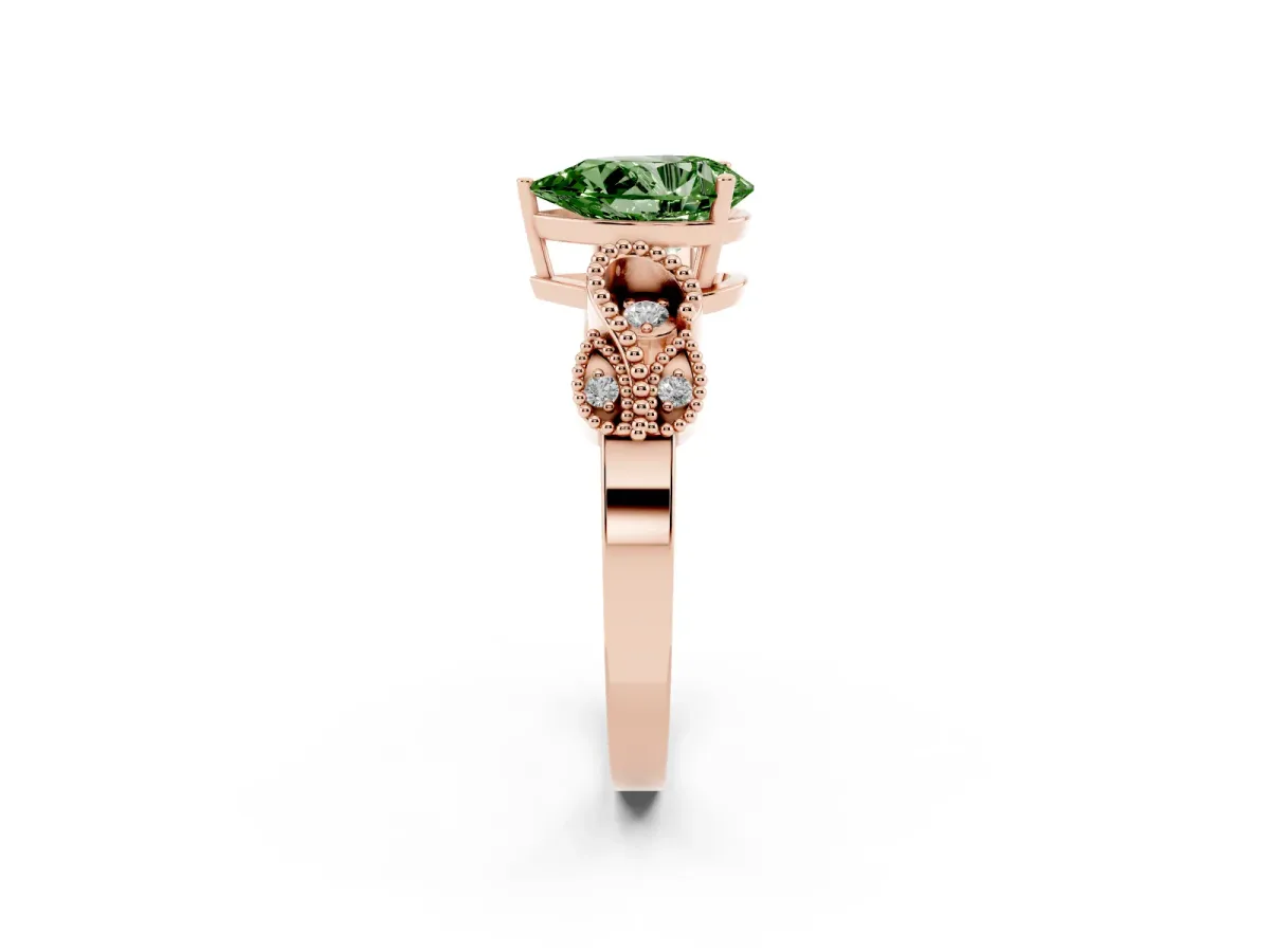 Fancy Green Pear Cut Solitaire Milgrain Leaf Band with Prong Setting Rose gold