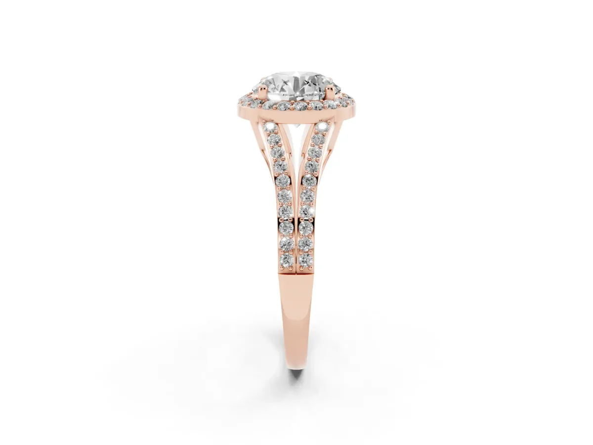 Round Cut Halo Split Shank Diamond Ring with Prong Setting Rose gold