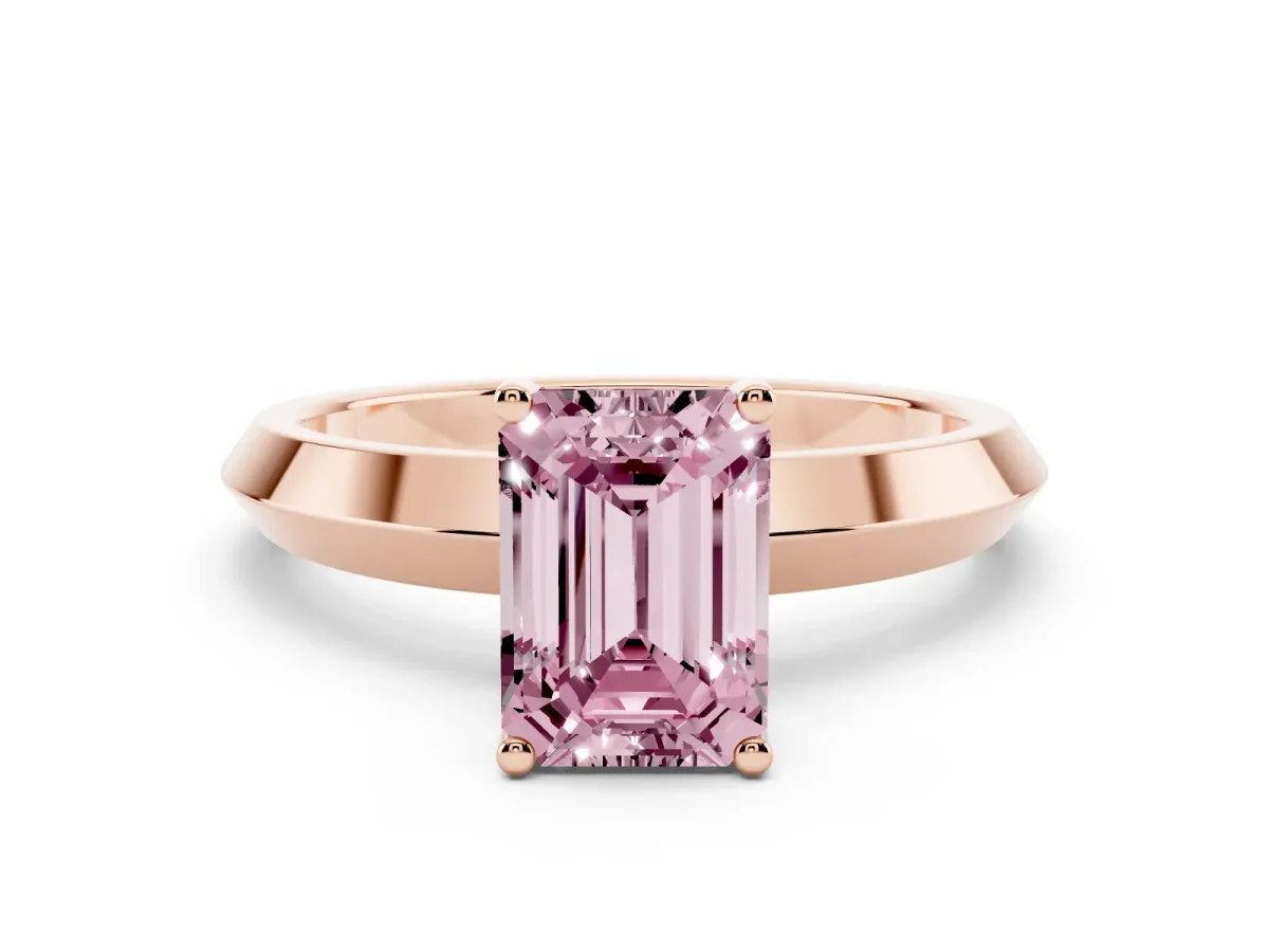 Fancy Pink Emerald Cut Cut Solitaire Engagement Ring with Flat Band and Four-Prong Setting Rose gold