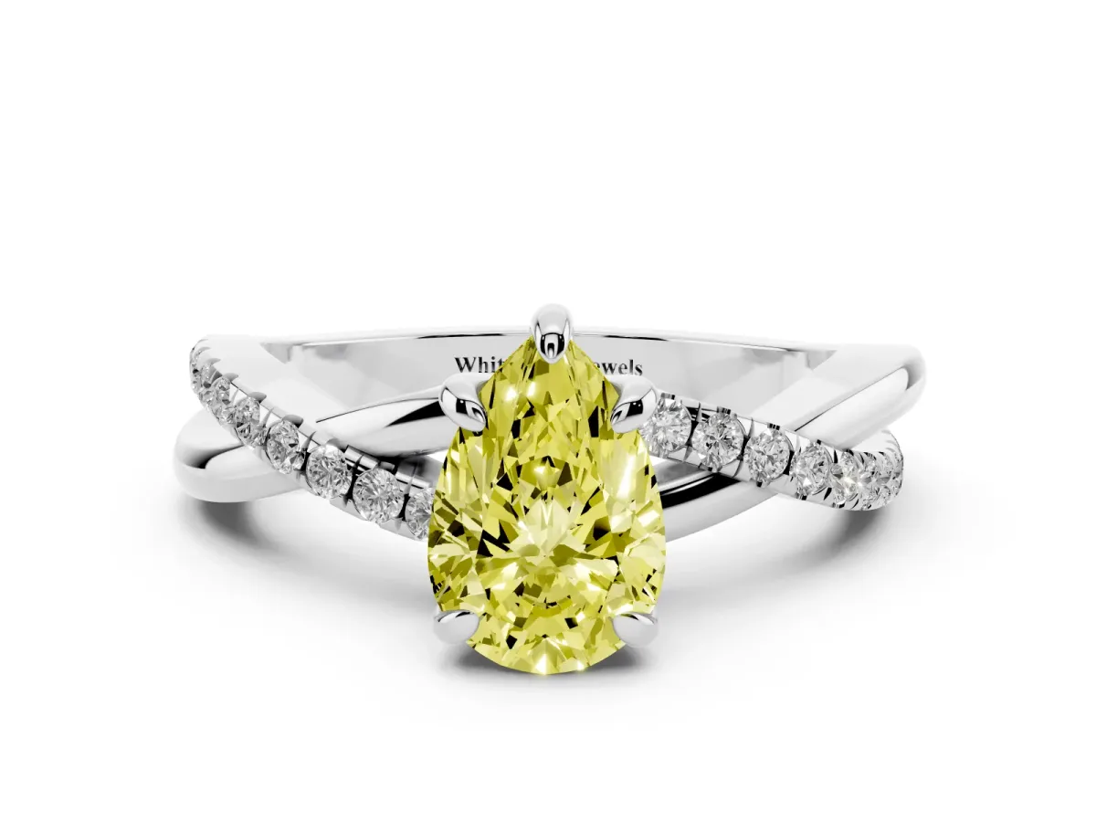Fancy Yellow Pear Cut Cut Diamond Twist Band Solitaire with Prong Setting Platinum