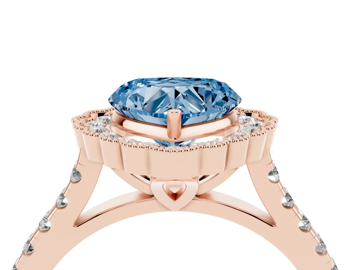 Fancy Blue Heart Cut Cut Diamond Milgrain Floral Halo Engagement Ring with Pavé Band Rose gold
