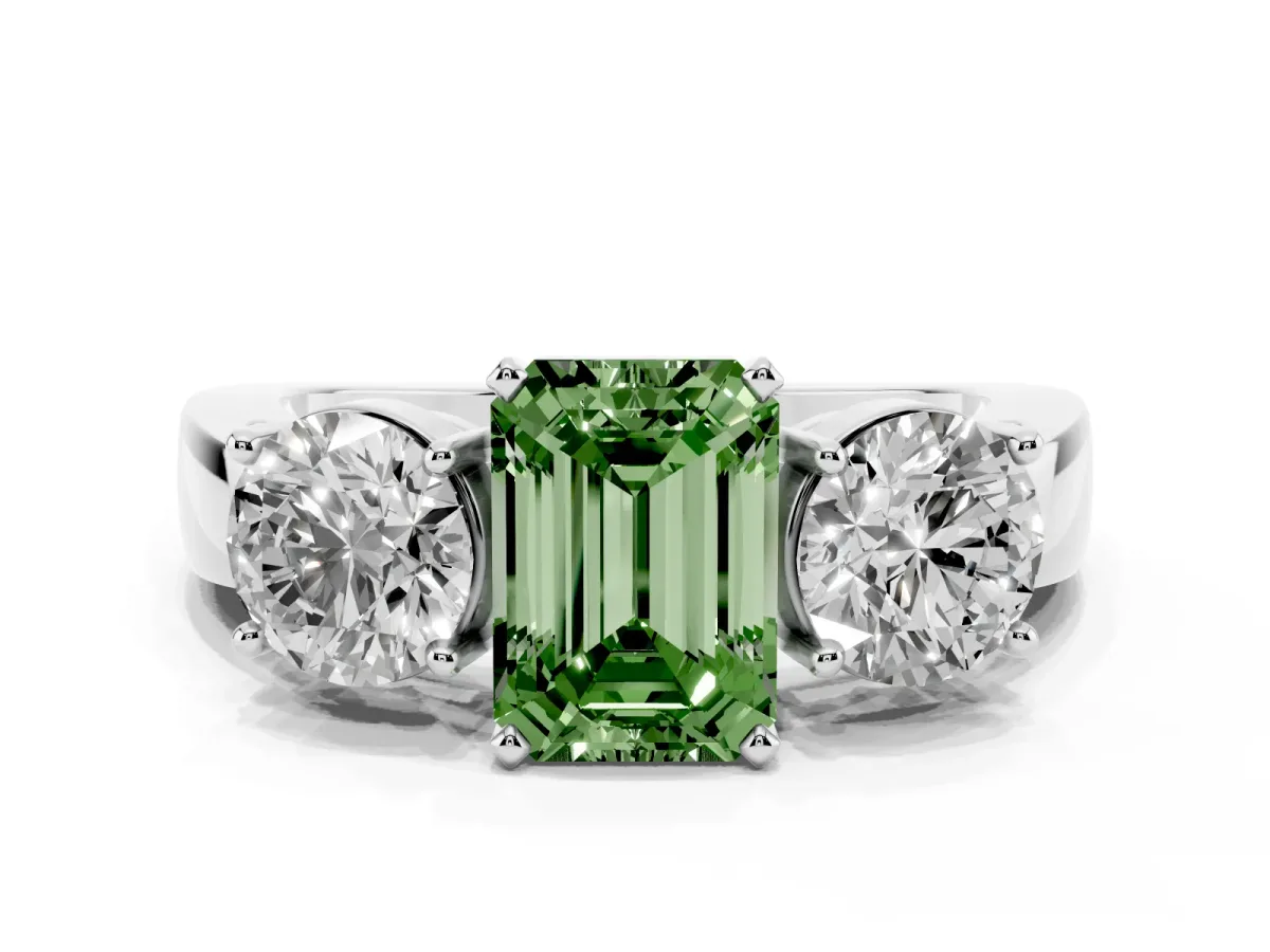 Fancy Green Three-Stone Emerald Cut Diamond Ring with Round Side Stones, Classic Band, and Four-Prong Setting Silver